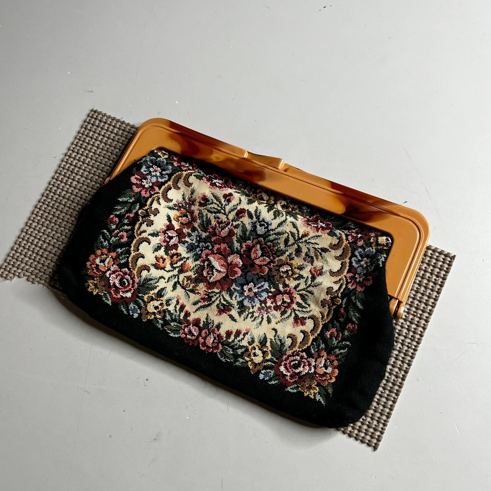 Vintage Floral Tapestry Clutch Bag Faux Tortoiseshell Lucite Frame Hong Kong